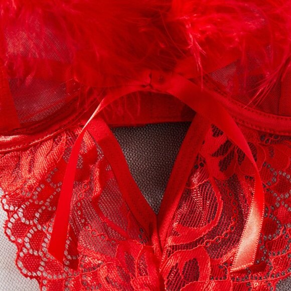 Feather Red Floral Longline Bra Set Women Lingerie Set Mesh Sexy Lingerie - Picture 4 of 10